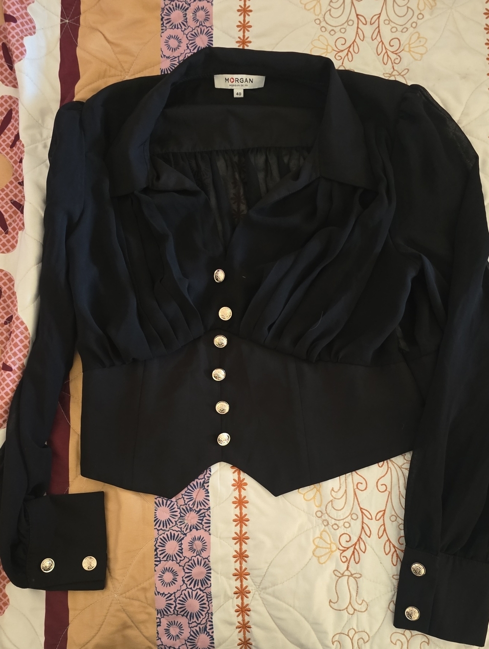 Black Long-Sleeve Button-Front Blouse